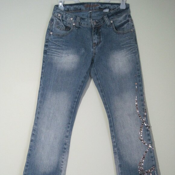 YOUNIQUE Women's Jr Size 5 Embellished Low Rise Y2K Vtg Flare Bootcut Blue Jeans - Picture 1 of 8